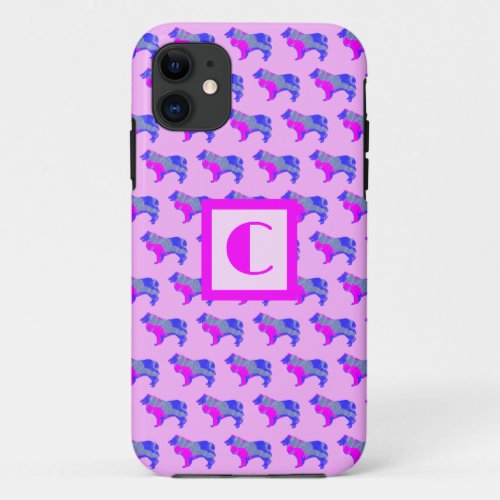 Collie Rough Cute Dog Pink Silhouette Monogram iPhone 11 Case