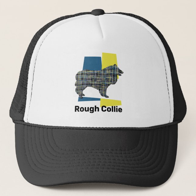 Collie Rough Cute Dog Silhouette Tricolour Grid Trucker Hat (Front)