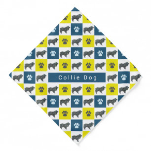 Collie Rough Dog & Paw Yellow & Blue Grid Bandana