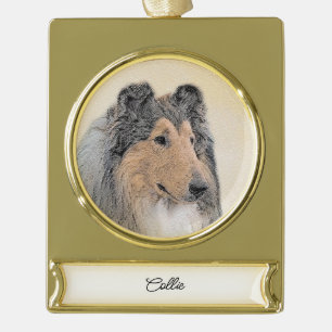 Collie (Rough) Painting - Cute Original Dog Art Gold Plated Banner Ornament