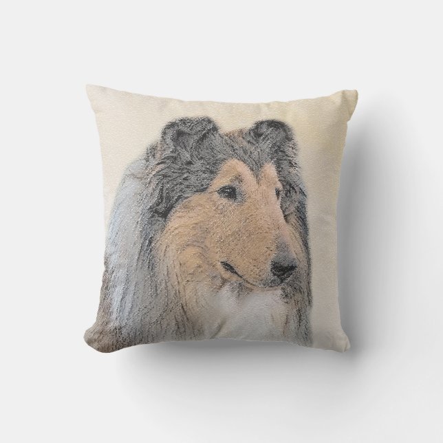Collie (Rough) Painting - Cute Original Dog Art Outdoor Pillow (Front)