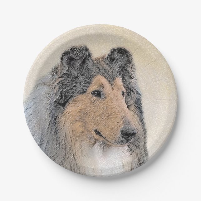 Collie (Rough) Painting - Cute Original Dog Art Paper Plates (Front)