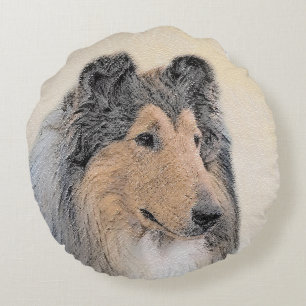 Collie (Rough) Painting - Cute Original Dog Art Round Pillow