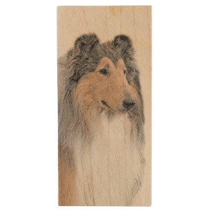 Collie (Rough) Painting - Cute Original Dog Art Wood USB Flash Drive