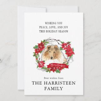 Collie Rough Watercolor Poinsettia Dog Head Holiday Card