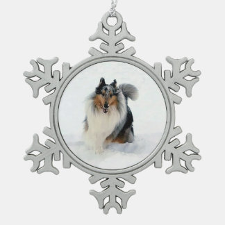 Collie Running Through Snow Snowflake Pewter Christmas Ornament