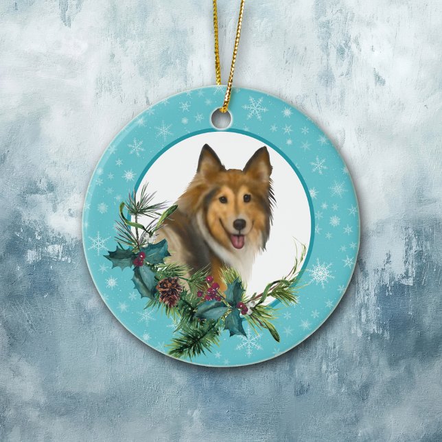 Collie Snowflake Blue Frame Holiday Bouquet Ceramic Ornament (Creator Uploaded)