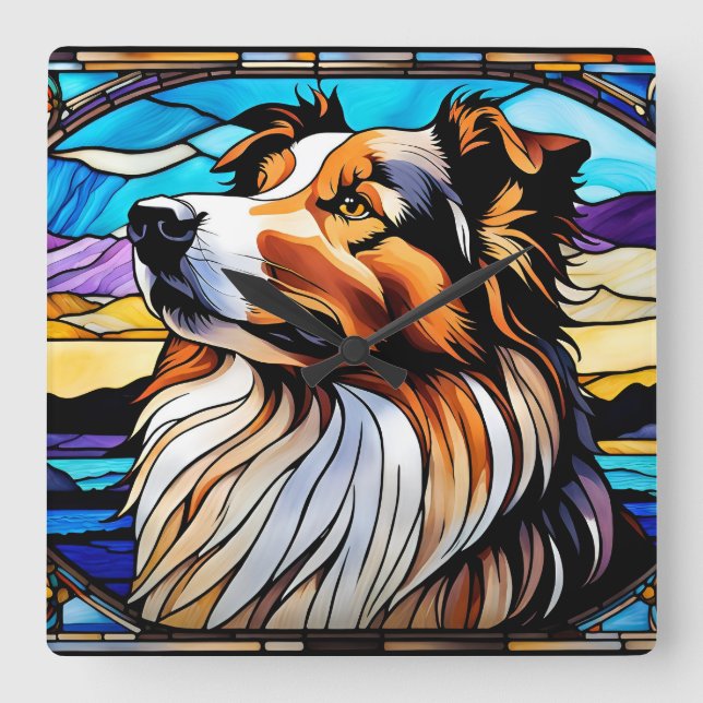 Collie Stained Glass look Square Wall Clock (Front)