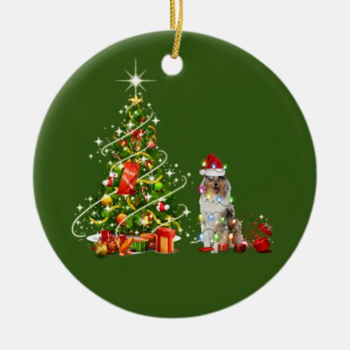 Collie With Hat Scaft Christmas Ceramic Ornament