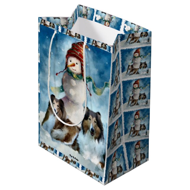 Collies and Snowman Christmas Medium Gift Bag (Back Angled)