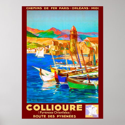 Collioure Pyrenees France boats on portvintage Poster