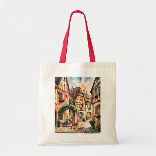 Colmar France Alsace Watercolor Travel Custom Text Tote Bag (Front)