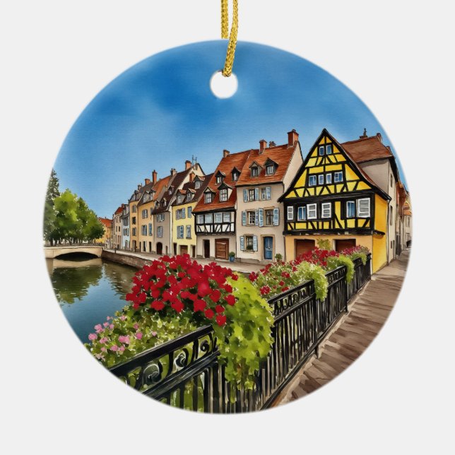 Colmar France Watercolor Ceramic Ornament (Front)
