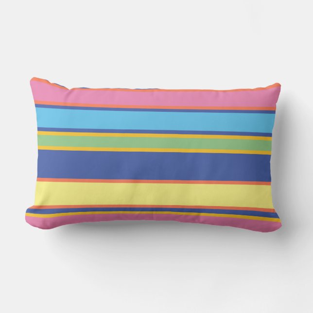 Colofrul Blue Yellow Pink Coral Stripe Beach Lumbar Pillow (Front)