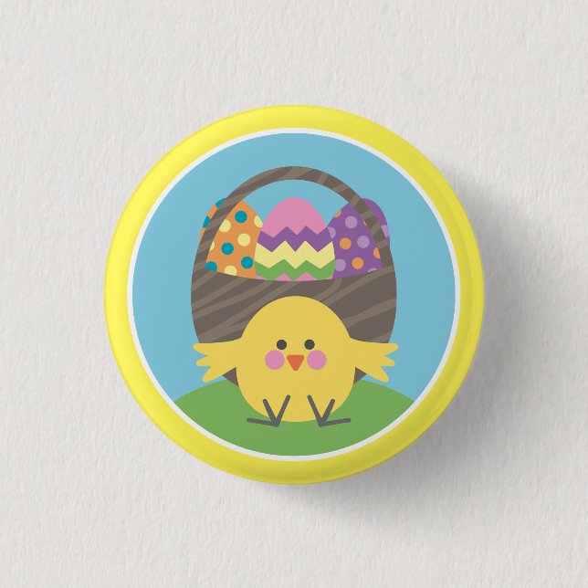 Coloful Chick and Easter Eggs Easter Party Button (Front)