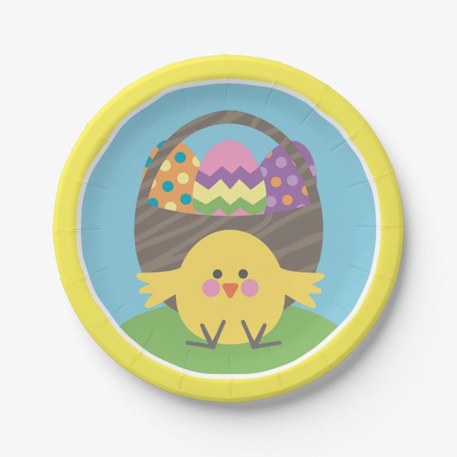 Coloful Chick and Easter Eggs Easter Party Paper Plates (Front)