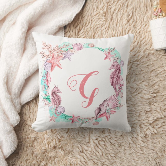 Coloful Pastel Under the Sea Monogram Throw Pillow (Blanket)