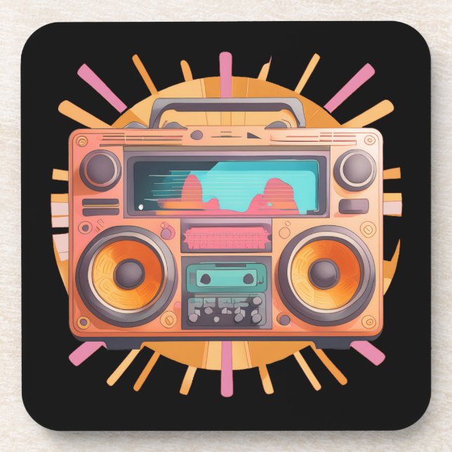 Coloful retro 80s boombox with a sunburst in the. beverage coaster (Front)