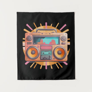 Coloful retro 80s boombox with a sunburst in the. tapestry