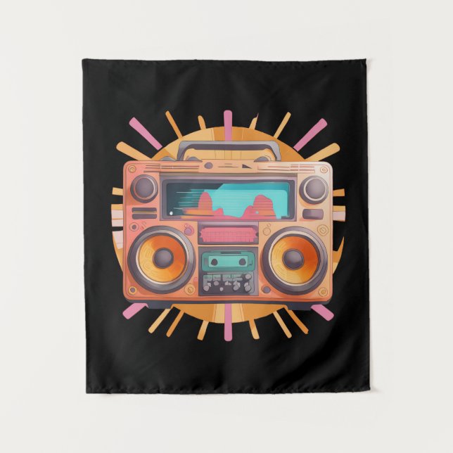 Coloful retro 80s boombox with a sunburst in the. tapestry (Front)