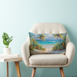 Coloful Tropical Paradise Sea & Palm Trees Lumbar Pillow