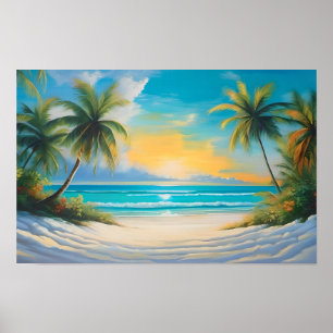 Coloful Tropical Paradise Sea & Palm Trees Poster