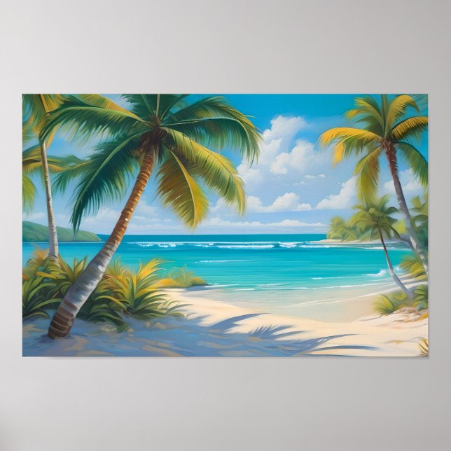Coloful Tropical Paradise Sea & Palm Trees Poster (Front)