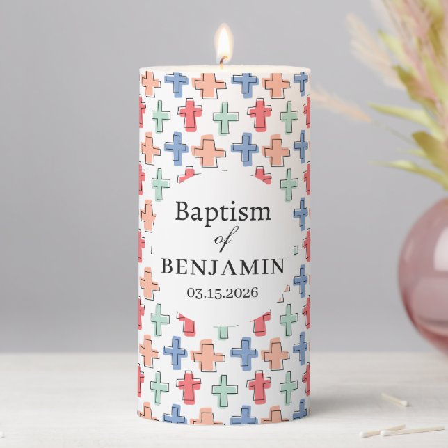 Coloful Watercolor Cross Pattern  Catholic Baptism Pillar Candle (In Situ)