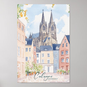 Cologne Germany Gouache Paint Illustration Travel Poster