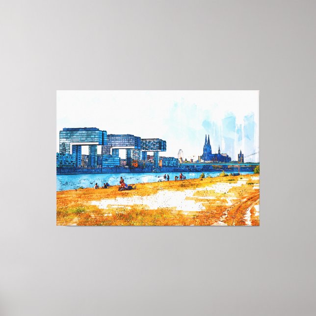 Cologne Skyline Panorama color SketchArt Canvas Print (Front)