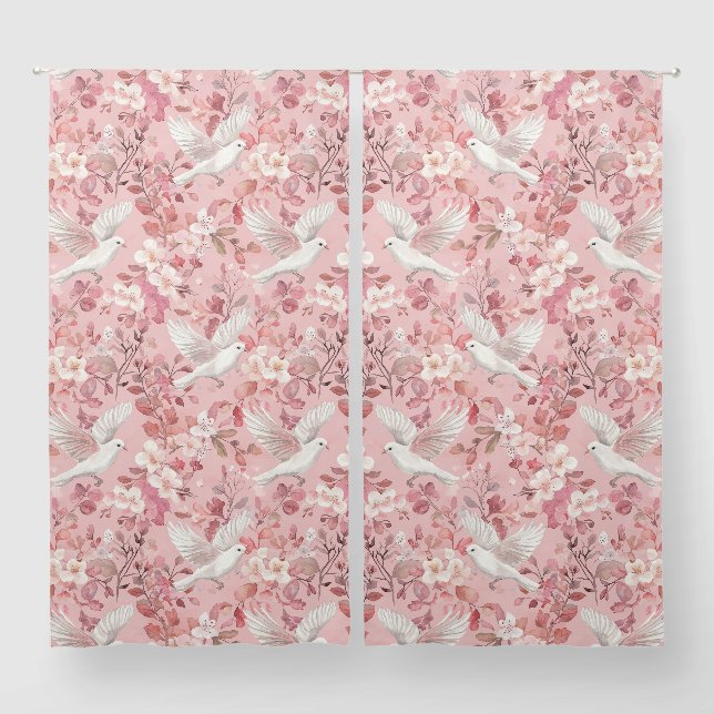 colombes et fleurs sur fond rose blackout curtains (Pair)