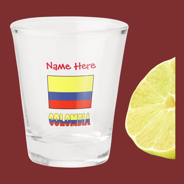 Colombia and Colombian Flag Red Personalization Shot Glass (The Colombian flag on a shot glass with the word COLOMBIA below in the flag colors. Add  name above.)