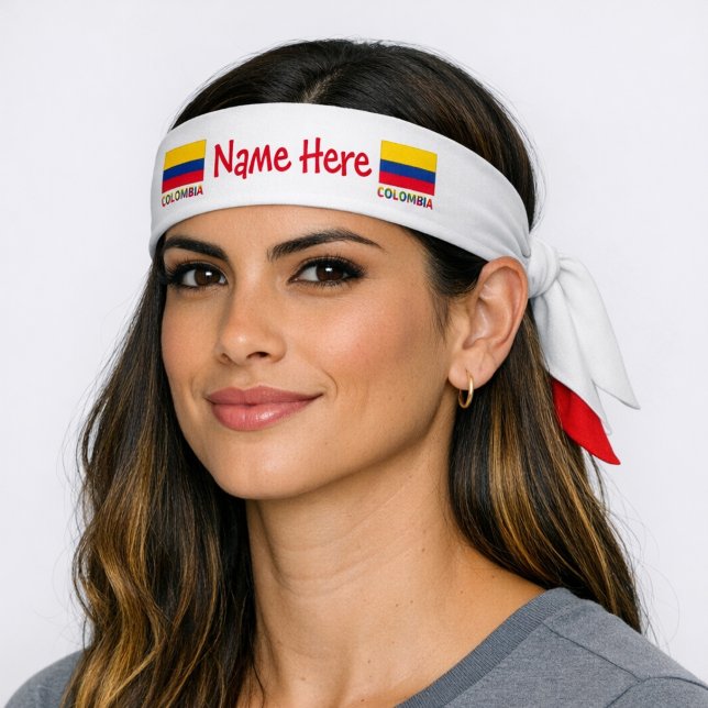 Colombia and Colombian Flag Red Personalization  Tie Headband (Personalized tie headband has Colombian Flags on each side of name. Under flags is COLOMBIA, word.)