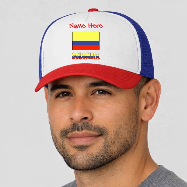 Colombia Colombian Flag Red Personalized  Trucker Hat (Personalized trucker hat has Colombian Flag and COLOMBIA below in flag colors. Add name above in red)
