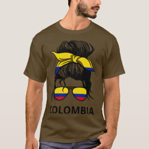 Colombia Flag Colombian Woman With Messy Bun I T-Shirt