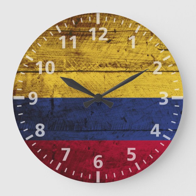 Colombia Flag on Old Wood Grain Large Clock (Front)