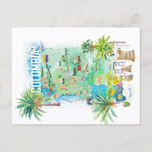 Colombia Illustrated Travel Map  Postcard