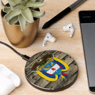 Colombia Rustic Wood Coat of Arms, flag Wireless Charger