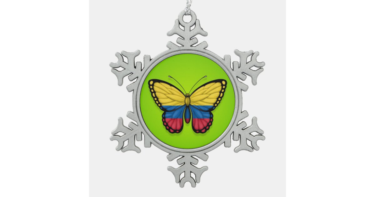 Colombian Butterfly Flag On Green Snowflake Pewter Christmas Ornament Zazzle Com