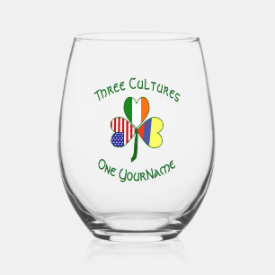 Colombian Irish USA Flags Shamrock Personalized Stemless Wine Glass