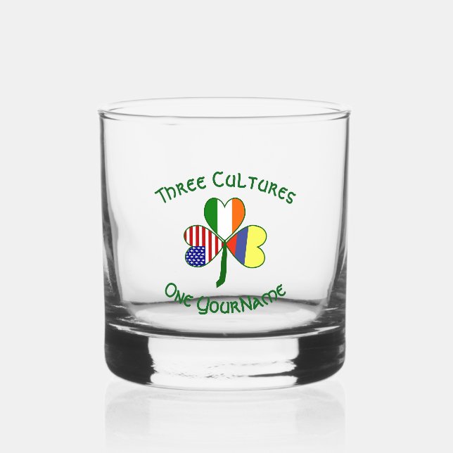 Colombian Irish USA Shamrock Flag Personalize Text Whiskey Glass (Front)