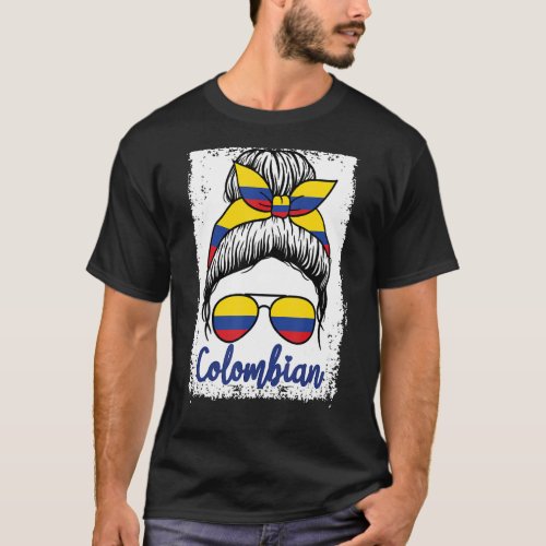 Colombian Messy Bun Girl Love Colombia Flag Woman  T_Shirt