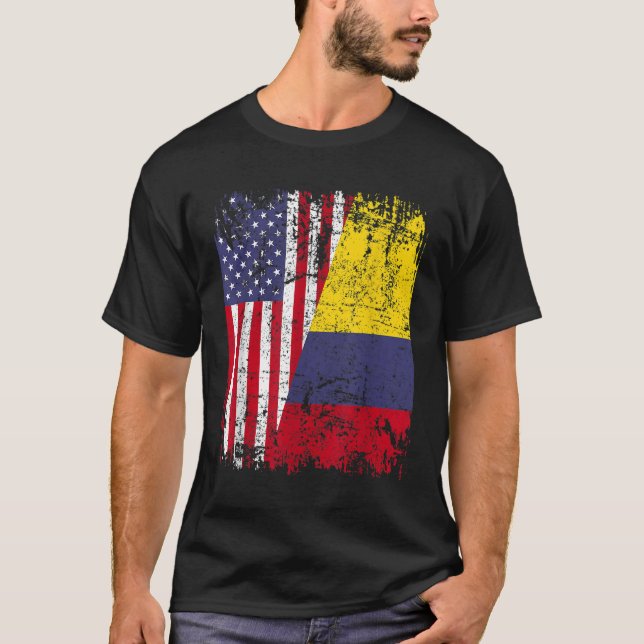 COLOMBIAN ROOTS Half American Flag COLOMBIA T-Shirt (Front)