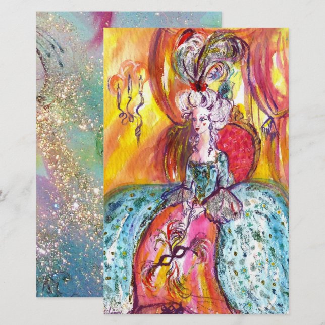 COLOMBINA  Venetian Masquerade Masks Blue Pink Stationery (Front/Back)