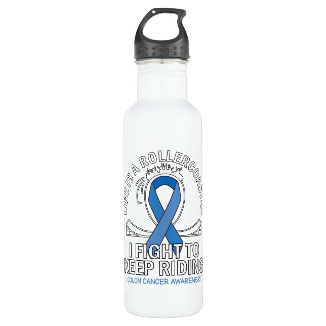 Colon cancer awareness dark blue ribbon stainless steel water bottle (Front)