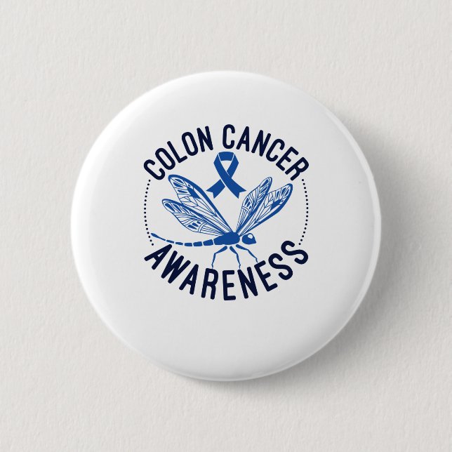 Colon Cancer Awareness Dragonfly Blue Ribbon Button (Front)