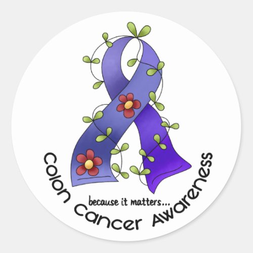 Colon Cancer Awareness FLOWER RIBBON 1 Classic Round Sticker