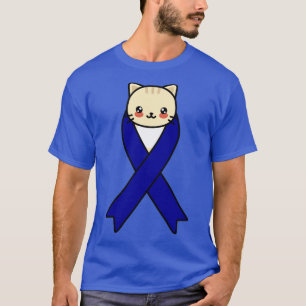 Colon Cancer Awareness Kawaii Cat Blue Ribbon Gift T-Shirt