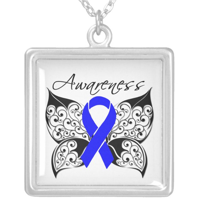 Colon Cancer Awareness Tattoo Butterfly Silver Plated Necklace (Front)