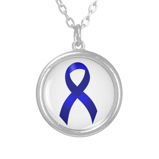Colon Cancer Blue Ribbon Silver Plated Necklace (Front)